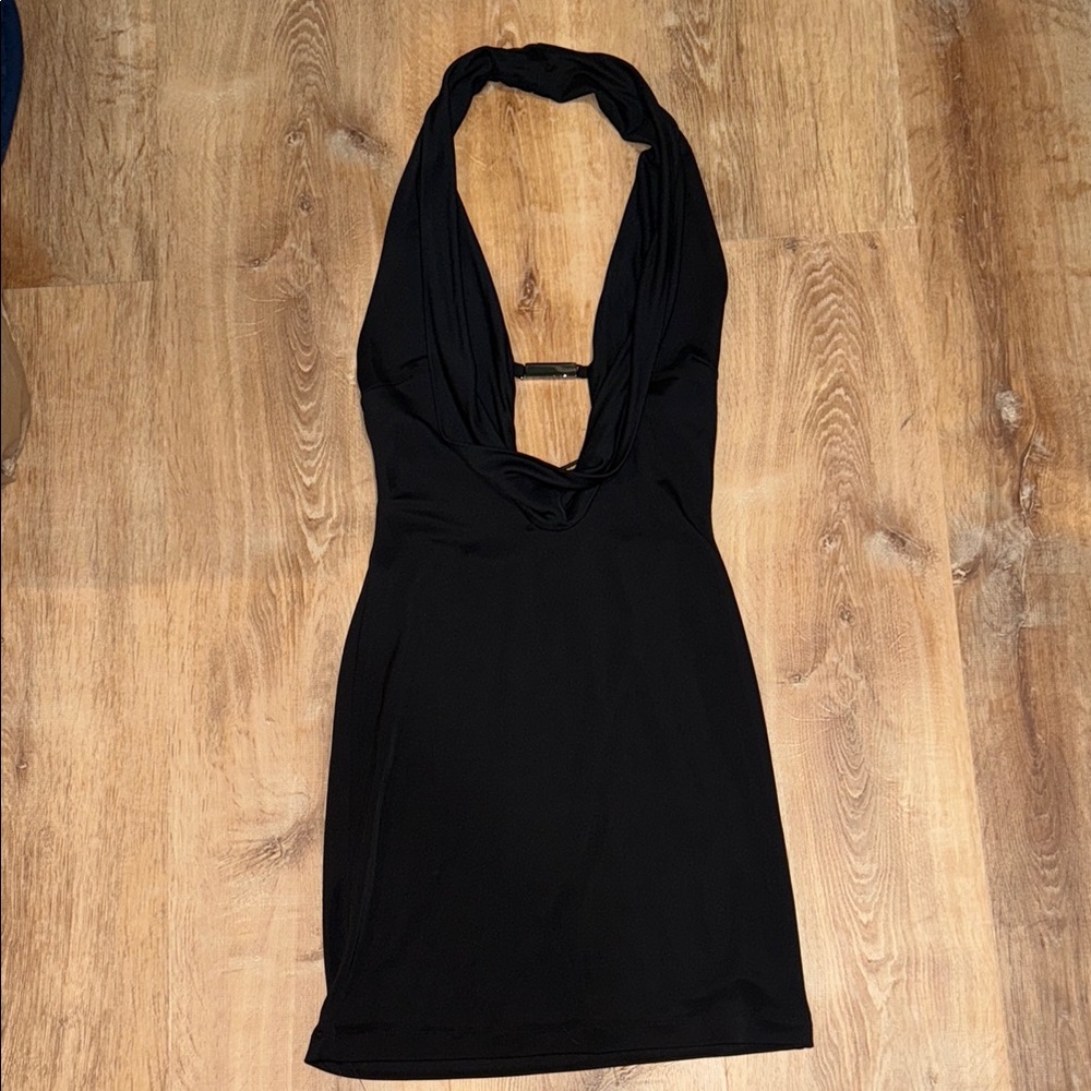 Plunging Neckline Black Halter Dress